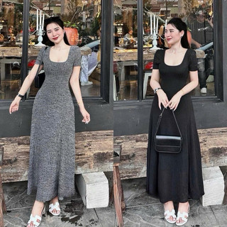 Đầm gân đũa cổ vuông tay ngắn dáng dài trơn cực xinh