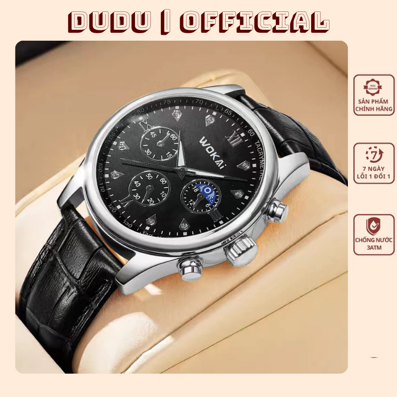 Đồng hồ đeo tay nam W3 dây da viền vàng mặt xanh lịch lãm sang trọng lịch sự