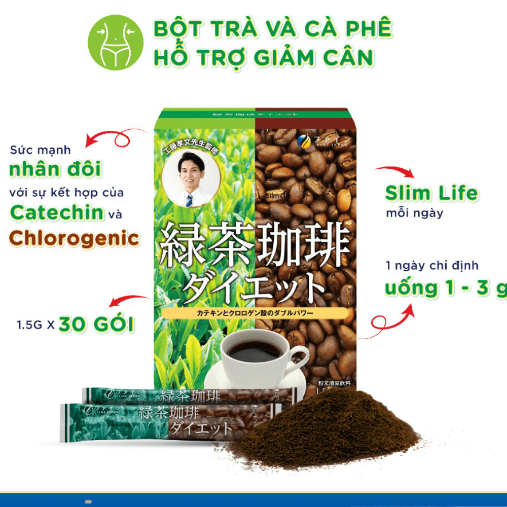 Trà cà phê hỗ trợ giảm cân Green tea & Diet coffee FINE JAPAN đẩy nhanh quá trình đốt cháy mỡ thừa hộp 30 gói (T12/2024)