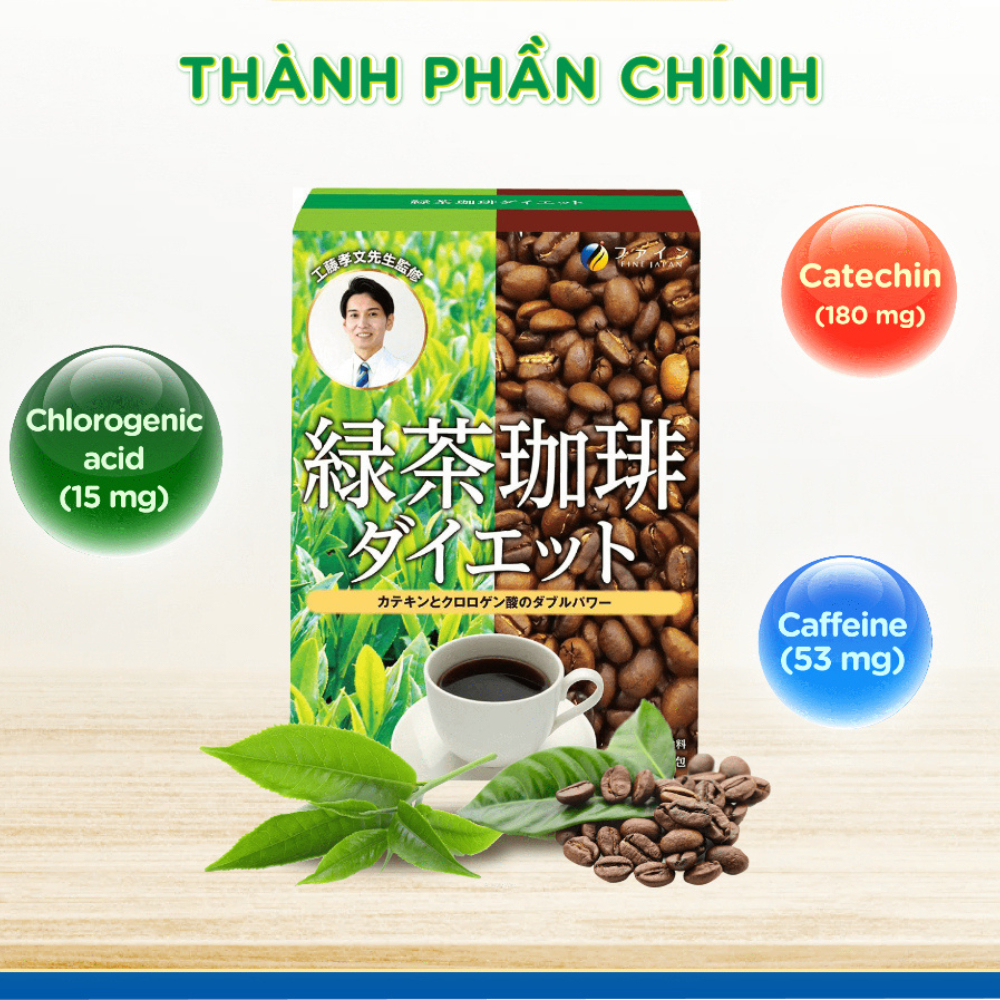 Trà cà phê hỗ trợ giảm cân Green tea & Diet coffee FINE JAPAN đẩy nhanh quá trình đốt cháy mỡ thừa hộp 30 gói (T12/2024)