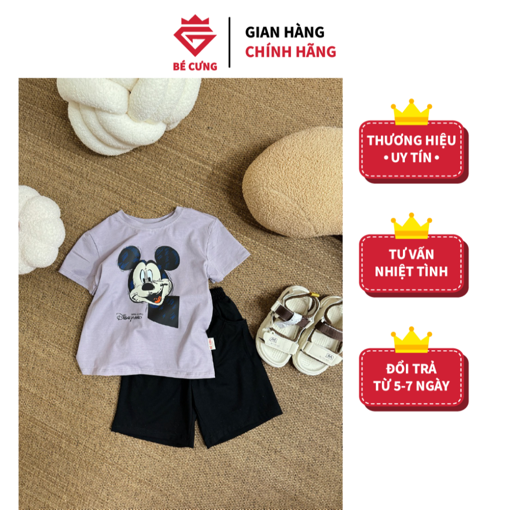 Set Áo Thun Xám (Mickey) Kèm Quần Đùi Đen BÉ CƯNG Dành Cho Bé Trai - 64C