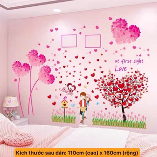 Decal dán phòng ngủ trái tim hồng và xe đạp tình yêu, sẵn keo dán.