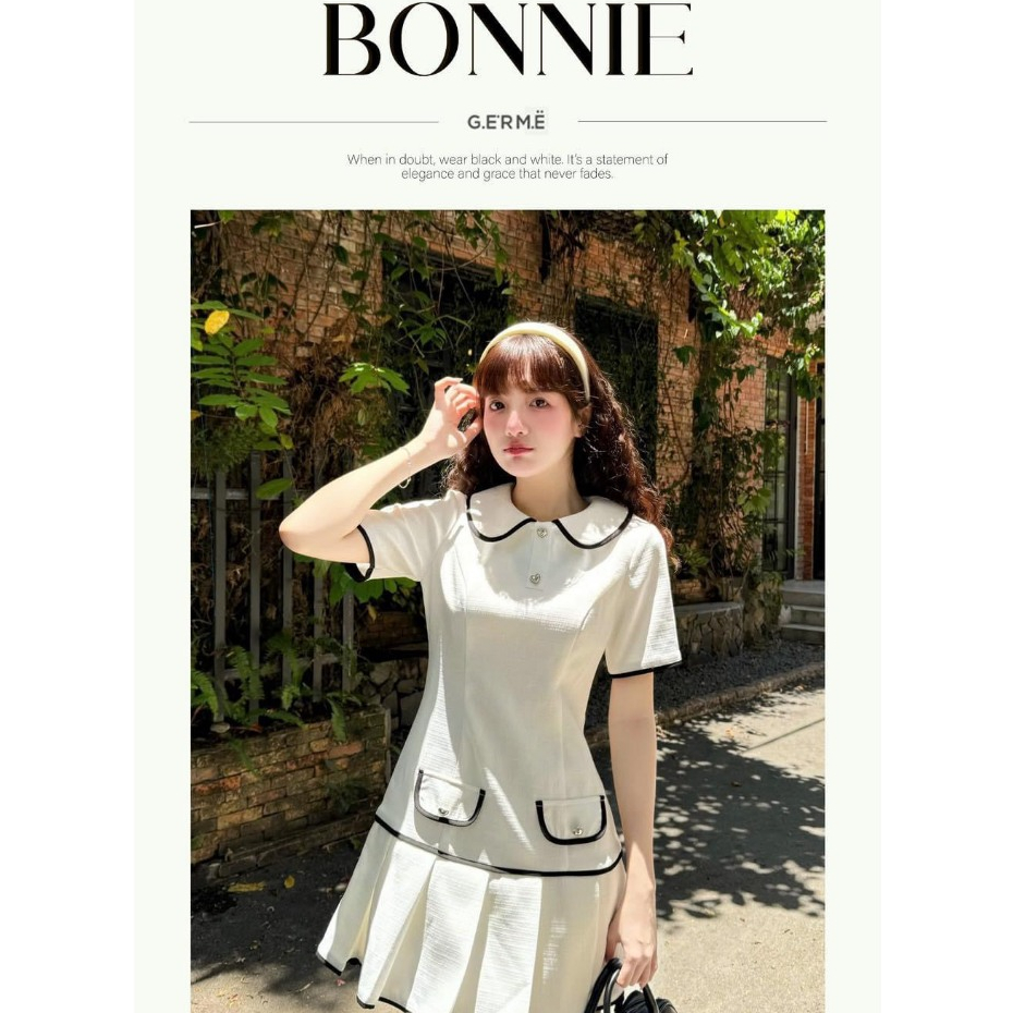 GERME | DESIGN Váy nữ Bonnie Dress cổ sen đính khuy tim xếp ly gấu, Đầm công sở chất vải text hàn tôn dáng VVND072403