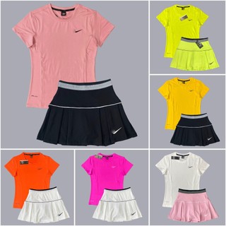 Bộ Váy Thể Thao Xếp Ly XL01 Kèm Áo Thun Logo NK Thêu Vải Thun Lạnh Chơi Cầu Lông, Tennis, Pickleball, Golf