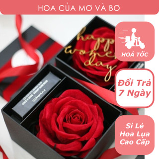 Hộp Quà Tặng Hoa Hồng Nhung Cao Cấp Đựng Son Kèm Đèn Nhấp Nháy - Hộp Hoa Hồng Sáp - Hoa Lụa Mơ Bơ