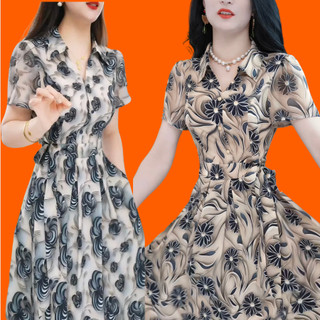  Đầm trung niên cho mẹ cổ SƠ MI sang trọng công sở chất vải Lụa Pháp họa tiết 3D HT11 
