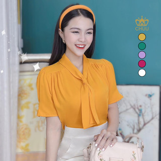 Áo sơ mi nữ lụa lạnh tay ngắn phồng kiểu cổ cavat vai nhún CHUU A9325