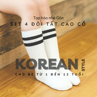 Set 4 đôi tất cao cổ đen trắng cho bé 1-12 tuổi, tất phong cách thể thao, Hàn Quốc dễ phối đồ