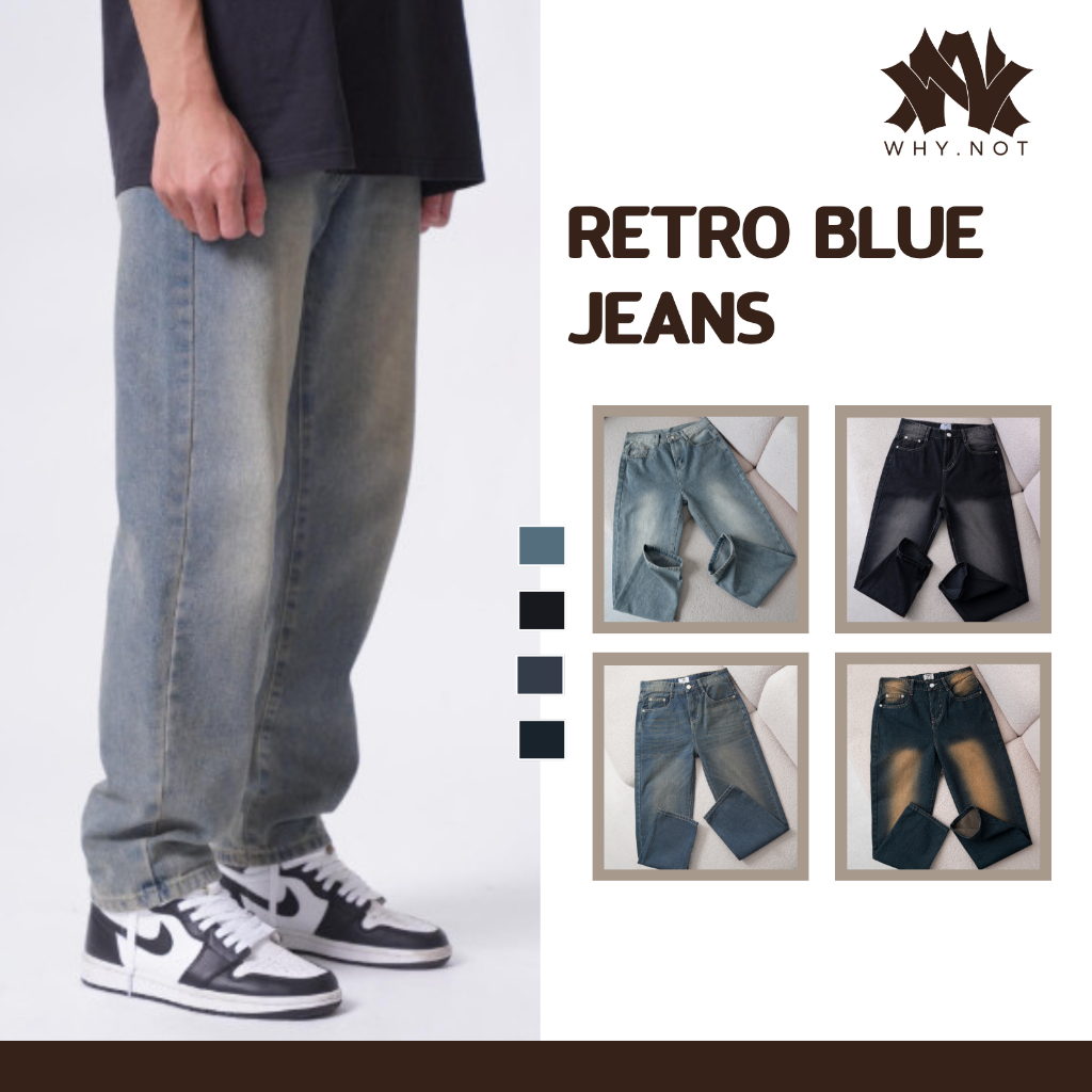 Quần jean nam Xanh Retro WHY NOT, cạp cao ống suông rộng, quần bò nam xanh loang chất jeans cao cấp JBGWTG