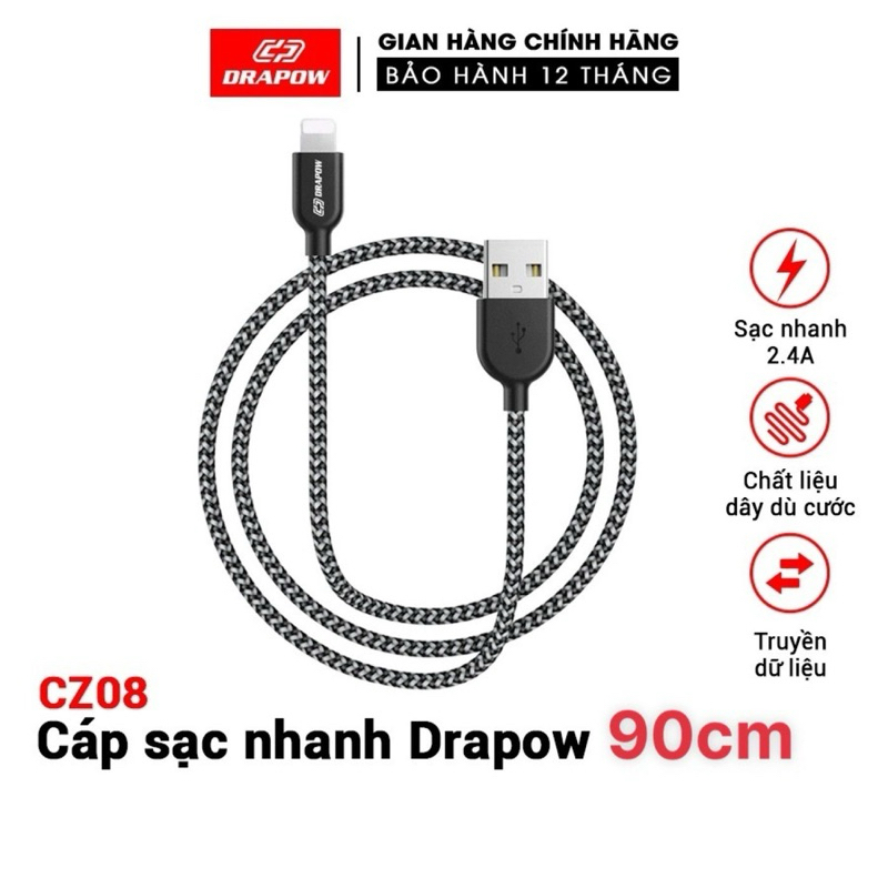 Cáp sạc dây dù iPhone 0.9 - 1.8 - 2.7 mét - DRAPOW CZ08 siêu bền chống đứt