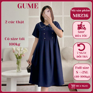  Váy bầu công sở GUME đầm bầu bigsize dáng babydoll cổ viền trắng chất vải sạn lụa mềm mát MB236 