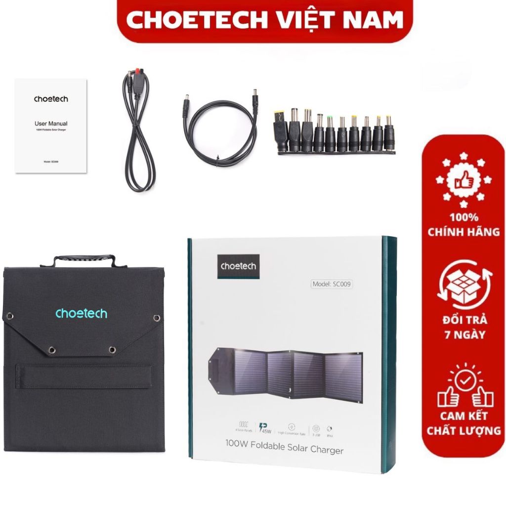 Bộ sạc năng lượng mặt trời di động 100w CHOETECH SC009 có thể gấp gọn (Hàng chính hãng)