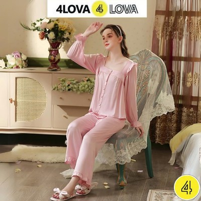 Bộ Quần Áo Mặc Nhà 4LOVA Lụa Latin Cao Cấp Thiết Kế Áo Dài Tay Nơ Lưng Quần Dài EVA163-Bộ lụa Pansy