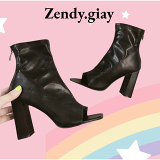 Bốt Xỏ Ngón Boot Hở Mũi Cổ Cao Chất Da Mềm  Đế Vuông 8 phân Có Khóa Sau (FuLLBOX - Sẵn Hàng)