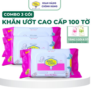 Combo 3 gói khăn giấy ướt cao cấp Max Cool 100 tờ, Hồng hương hoa lài - Hàng chính hãng