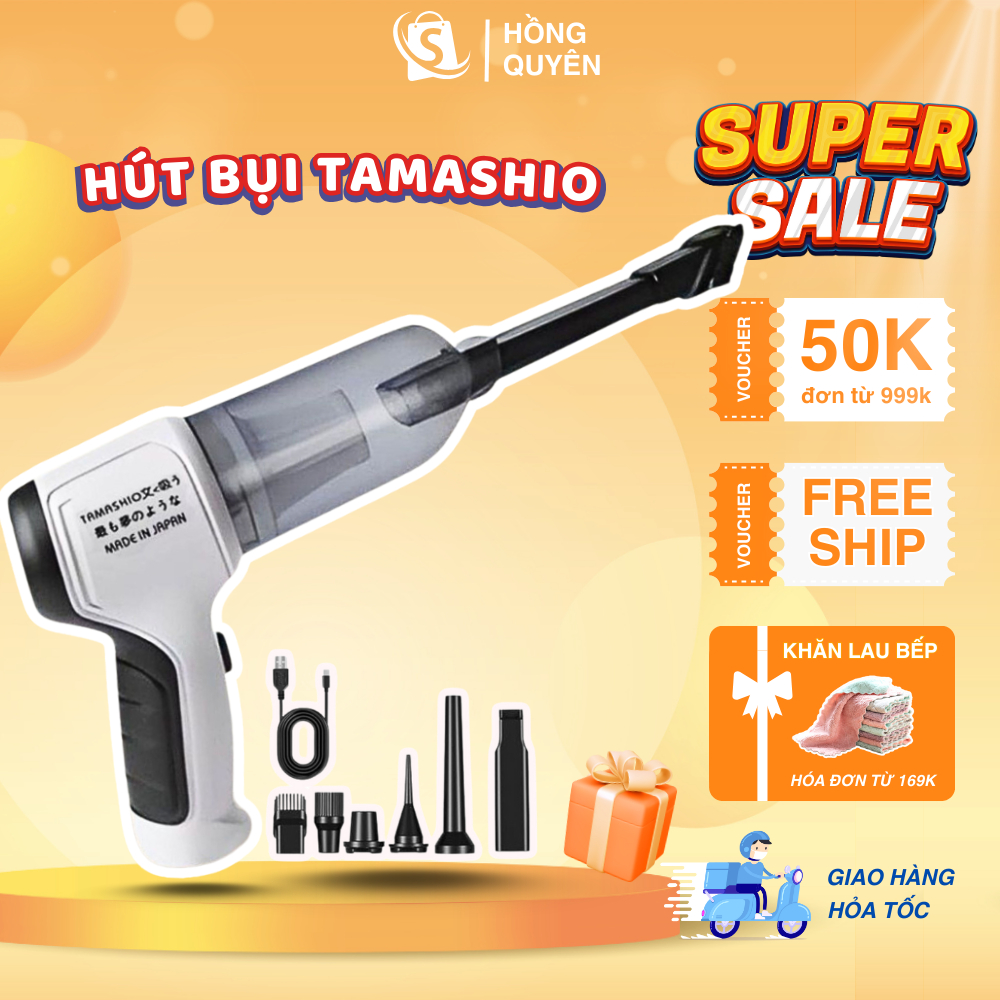 Máy Hút Bụi Cầm Tay Không Dây Nhật Bản TAMASHIO Kèm 6 Đầu Hút Thổi, Máy Hút Bụi Ô Tô, Giường Nệm, Lông Chó Mèo Siêu Sạch
