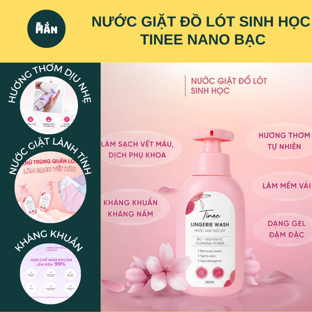 Nước Giặt Đồ Lót Sinh Học Tinee Nano Bạc Kháng Khuẩn An Toàn Cho Da, Nước Giặt Quần Lót Thơm Lâu Bản Nâng Cấp 280ml