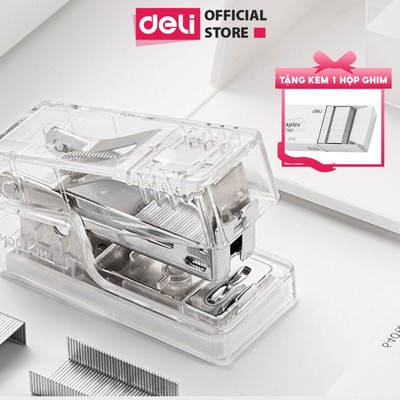 Dập Ghim Trong Suốt Deli Dập Ghim Học Sinh Văn Phòng Mini 12 - Tặng 1 Hộp Ghim Loại 24/6