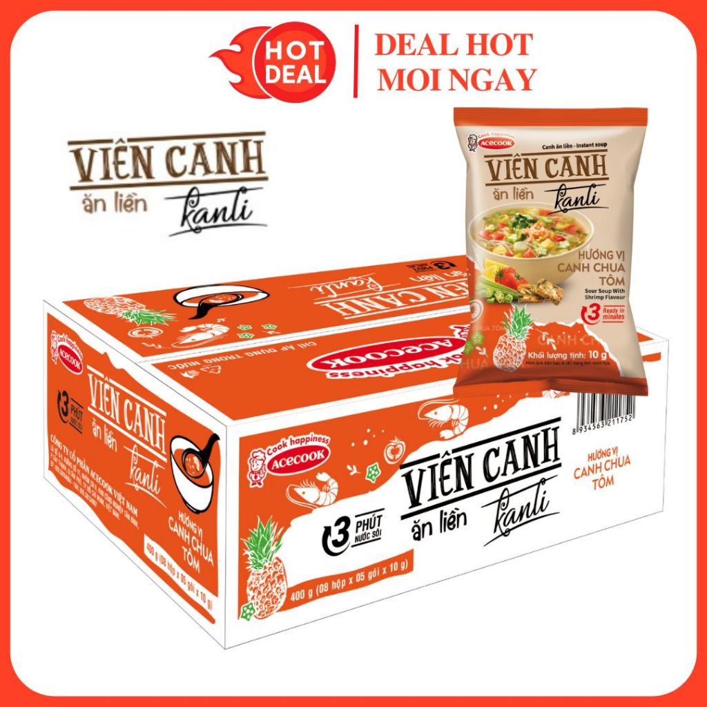 Thùng 40 Viên Canh Ăn Liền Kanli Canh Chua Tôm Acecook (10gram x 40 gói)