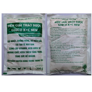 1 gói GLUCO KC 200 g Giải nhiệt, chống nóng, kích thích tăng trọng, tăng sức đề kháng cho gia súc, gia cầm, chó, gà