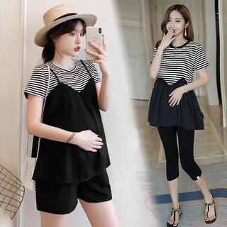 Bộ bầu lửng cộc tay kẻ đen chất cotton mềm mát cho mẹ bầu mùa hè từ 45-68kg