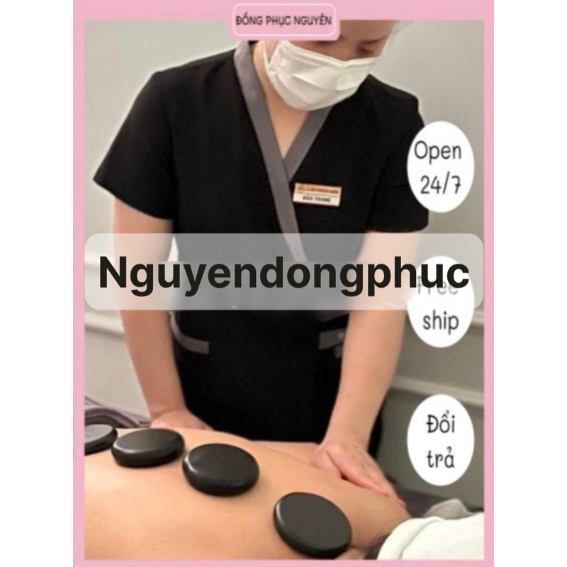 Đồng phục spa màu đen viền xám