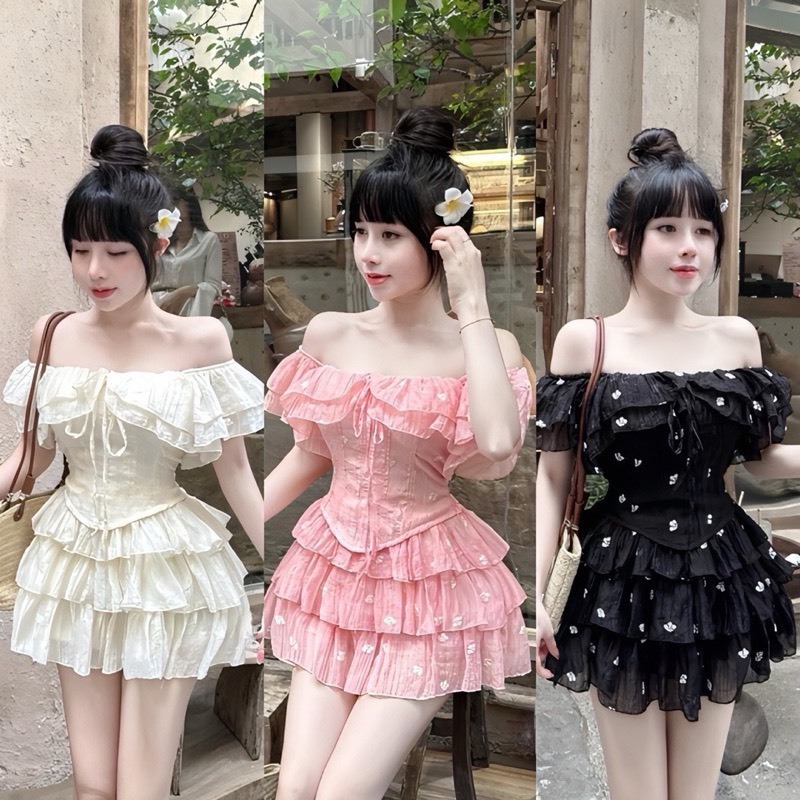 Set váy tiểu thư voan tơ HOA NHÍ áo trễ vai phối bèo có mút mix chân váy xếp ly tầng lưng chun có quần trong 3 màu