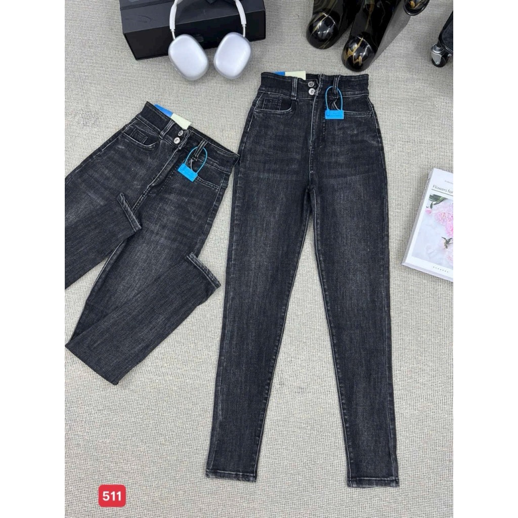 Quần jean nữ trơn màu đen xám 2 nút lưng cao, Quần dài jean nữ tôn dáng thoải mái thoáng mát T-FASHION 24H ms603