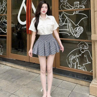 Áo Sơ Mi Nữ Tay Ngắn Fom Vừa Kem Chân Váy Xếp Li  di.. Sang Chảnh