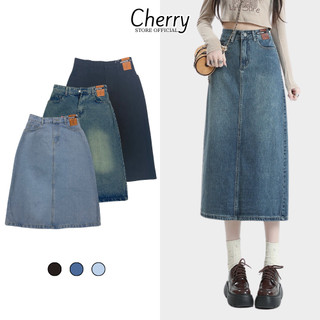 Chân váy jean dài xẻ tà CHERRY lưng cao Hàn Quốc Chân váy bò nữ dài xẻ sau cạp cao dáng ulzzang T082