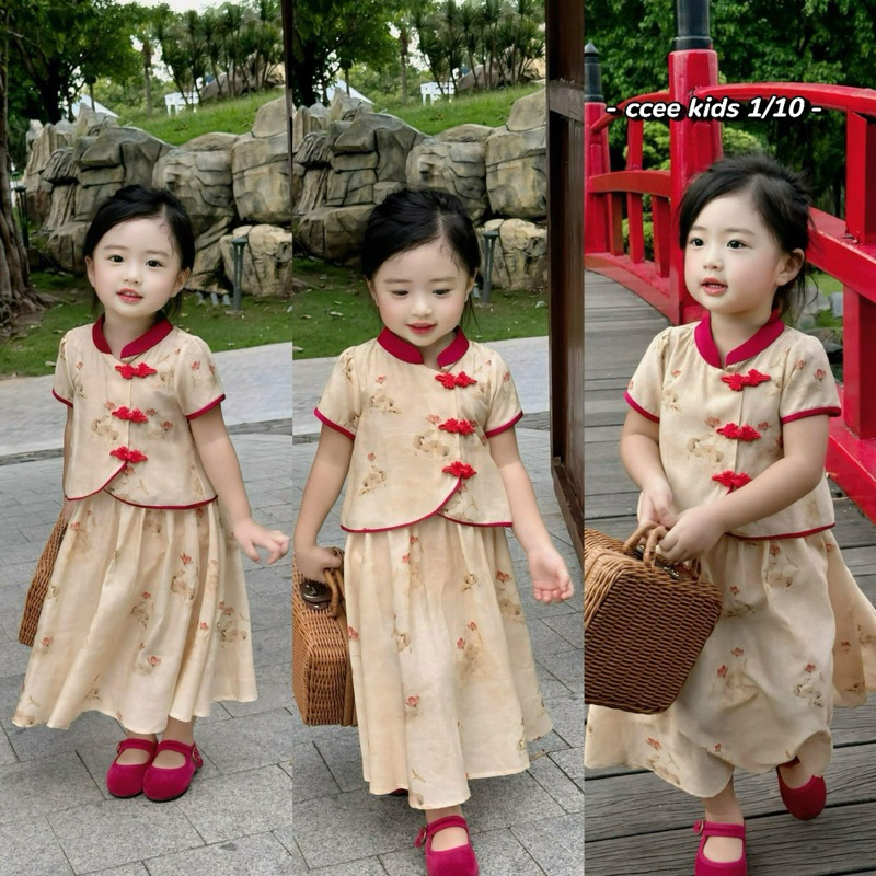  Set Áo Cổ Tàu Chân Váy Hoạ Tiết Hoa Sen Cho Bé Gái Diện Trung Thu Lễ Tết 