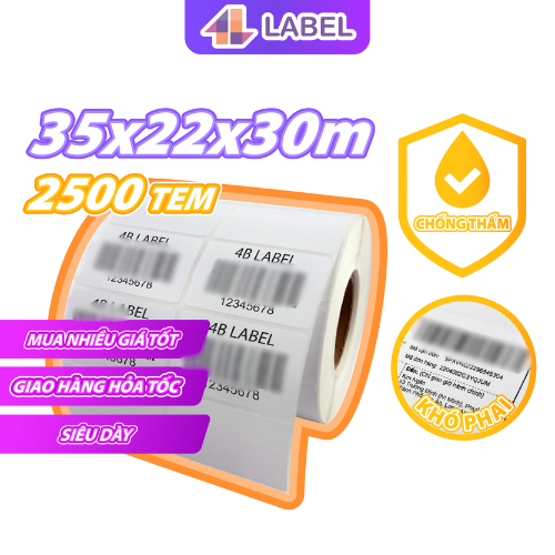 Cuộn in mã vạch, tem nhiệt khổ 2 tem 72x22, 70x22, 35x22 mm, 2 tem/hàng, 2000 tem. Tem in sản phẩm, 