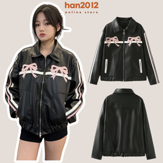 Áo Khoác Da Thêu Nơ  - Áo Bomber Form Rộng Tay Dài Phong Cách Coquette Dành Cho Nữ