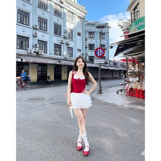 CLÉLIE Áo thun kiểu cột dây hở lưng phối ren nơ MONO TOP