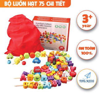 Đồ chơi xâu hạt gỗ 75 chi tiết, chữ cái, số học và phương tiện giao thông bằng gỗ cho bé phát triển kỹ năng
