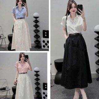 Sét đồ nữ đi chơi, áo sơ mi ngắn tay kèm chân váy dài, kèm nịt siêu xinh