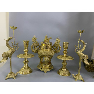 Bộ đỉnh lư thờ bằng đồng vàng cao cấp 34cm F34 tam sự ngũ sự đỉnh hạc nến bằng đồng Nguyên chất