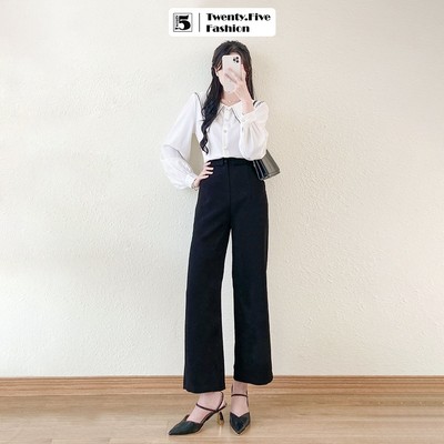 Quần công sở nữ Twentyfive cạp cao tôn dáng cạp lật, ống rộng vải dày SQ4