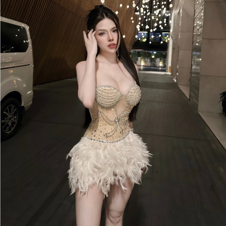Đầm 2 dây đính đá kem lông vũ nhà KT CLOTHING