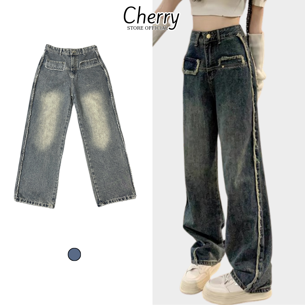 Quần jean nữ ống rộng Cherry quần bò nữ ống suông cạp cao túi ngược tua rua phong cách Hàn Quốc T121
