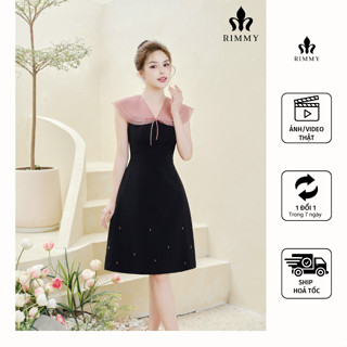 RIMMY - JULIE Dress Váy đầm thiết kế cổ hồng tơ phối đen đính đá thủ công tỉ mỉ chất tuytsi cao cấp