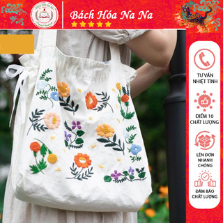(có sẵn) Kit tập thêu DIY - Túi Vải TOTE dây rút họa tiết thêu tay HOA CỎ MÙA THU- KIT THÊU TAY THỦ CÔNG- BÁCH HÓA NA NA