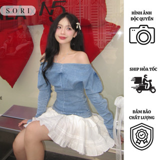 [SORI.VN] DENIM SET ÁO TRỄ VAI TAY PHỒNG DENIM CO DÃN KÈM CHÂN VÁY XOÈ DỄ THƯƠNG