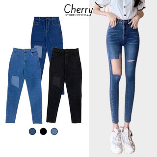 Quần bò rách gối nữ CHERRY chất co giãn, quần jean rách cạp cao dáng ôm vải đẹp cao cấp T020