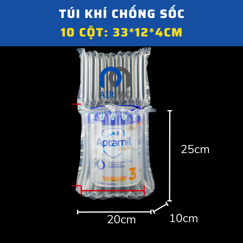 Bao bì đóng gói, màng cột khí chống sốc định hình Airpac bảo vệ hàng bọc hộp sữa bột 10 cột cỡ 25cm x 20cm x 10cm