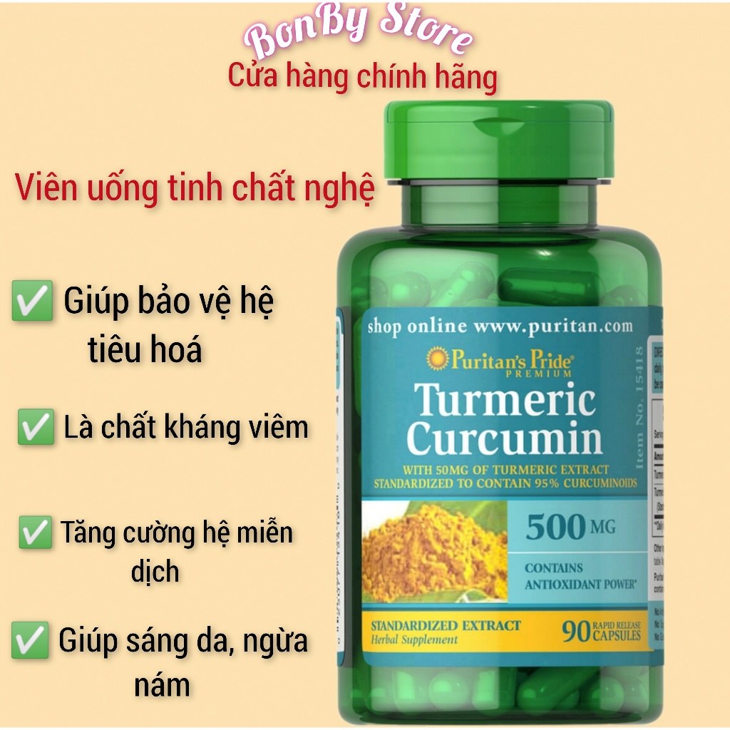(Bill hãng) Viên uống hỗ trợ dạ dày tinh chất nghệ Turmeric Curcumin 500mg 90 viên Puritan Pride.