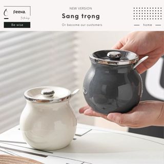  Hũ gốm sành sứ có nắp đựng mỡ lợn kèm thìa âu sứ gốm đựng mỡ có nắp sang trọng 400 - 1400ml 