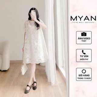Váy babydoll ren hoa myan thiết kế suông màu trắng họa tiết, kèm đầm 2 dây màu trắng vvn092202