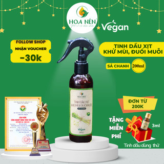 Tinh dầu Xịt Khử Mùi, Đuổi Muỗi Sả Chanh - Hoa Nén - Vegan - An toàn sức khoẻ - 200ml