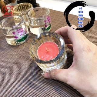 Đế nến thủy tinh pha lê khắc tâm kinh hoa sen 3D đường kính 6cm